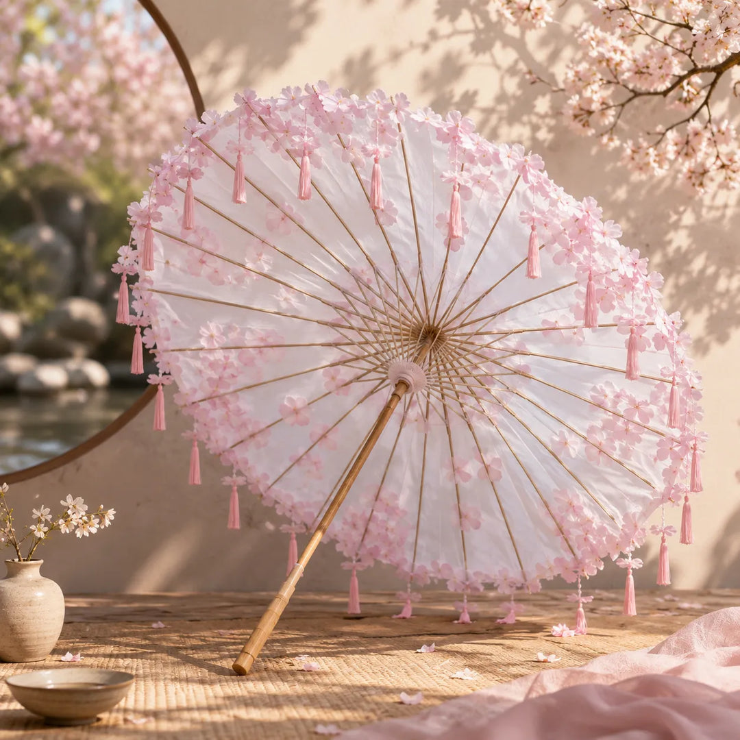 Ombrelle Japonaise Blanche Florale à Franges