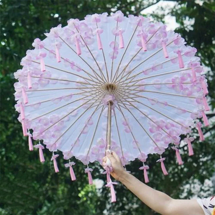 Ombrelle Japonaise Blanche Florale à Franges Chic