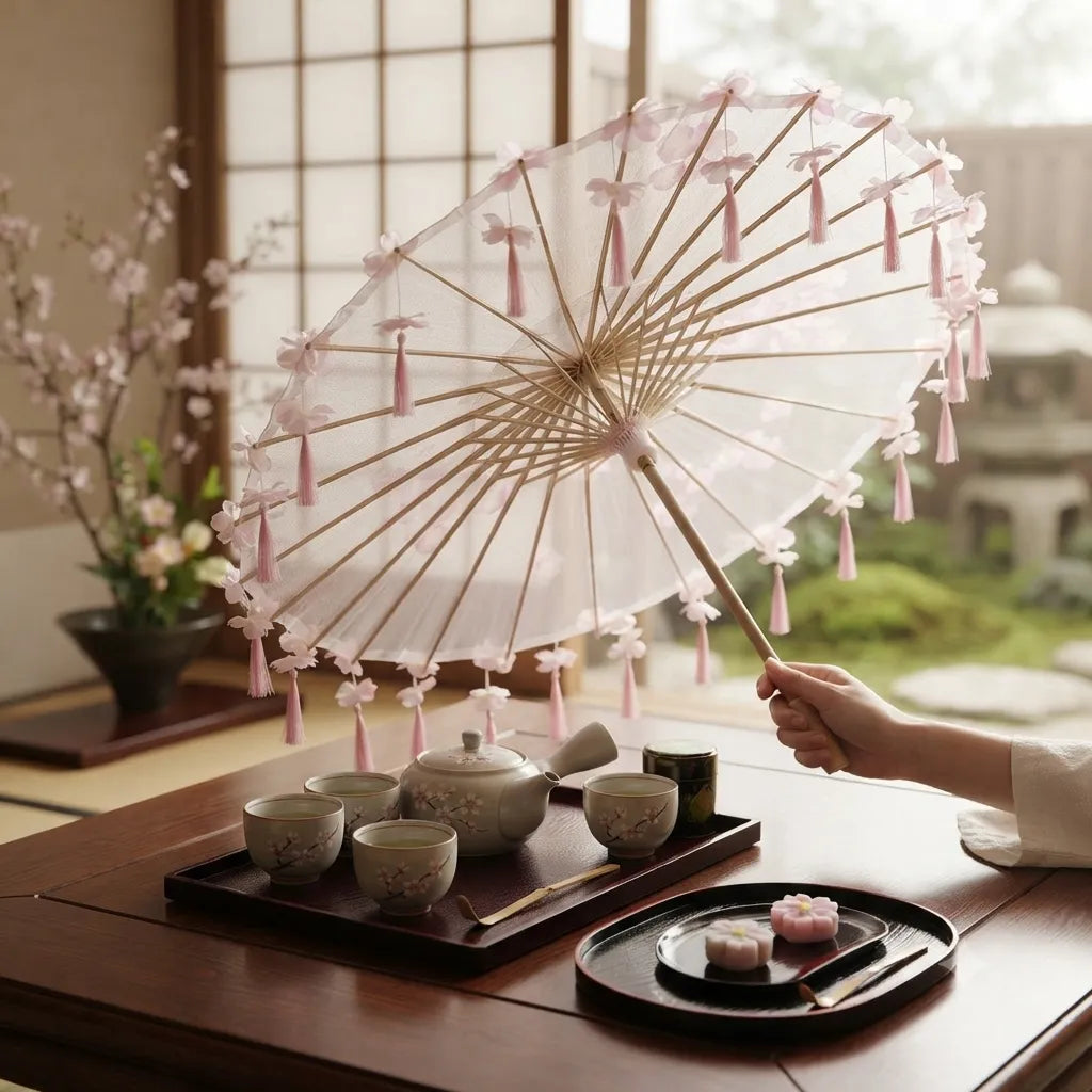 Ombrelle Japonaise Blanche Florale à Franges Unique