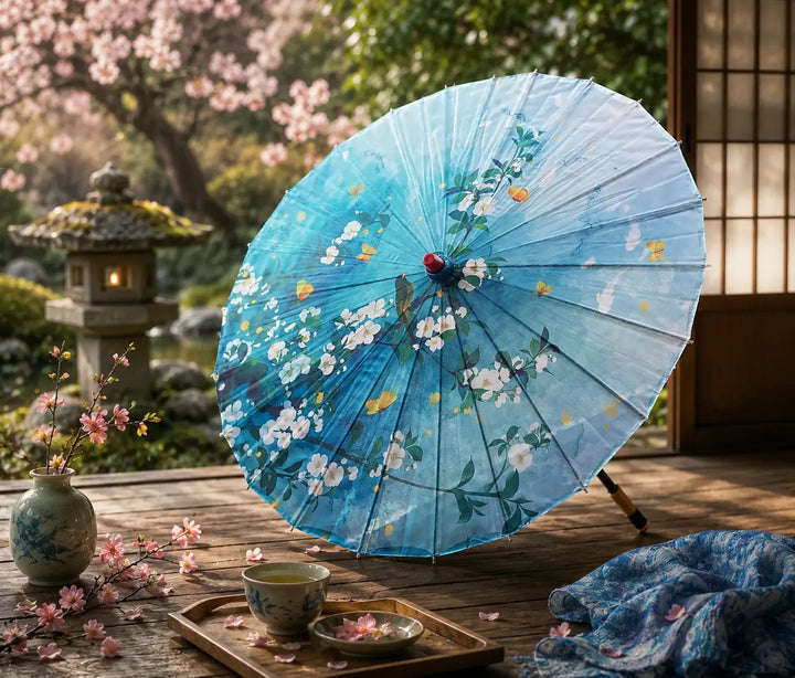 Ombrelle Japonaise Bleu Floral Chic