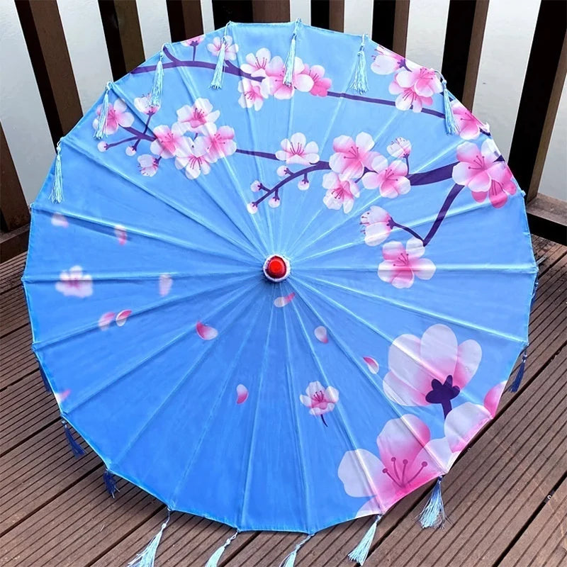 Ombrelle Japonaise Bleue Fleurie à Franges