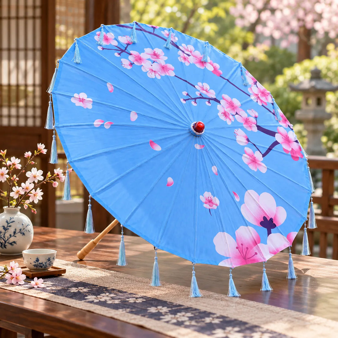 Ombrelle Japonaise Bleue Fleurie à Franges Bleu