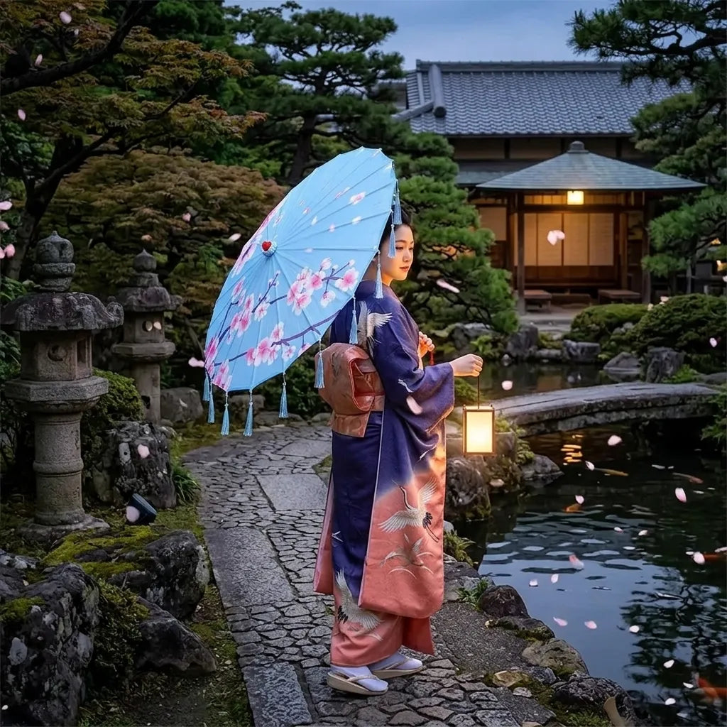 Ombrelle Japonaise Bleue Fleurie à Franges Unique