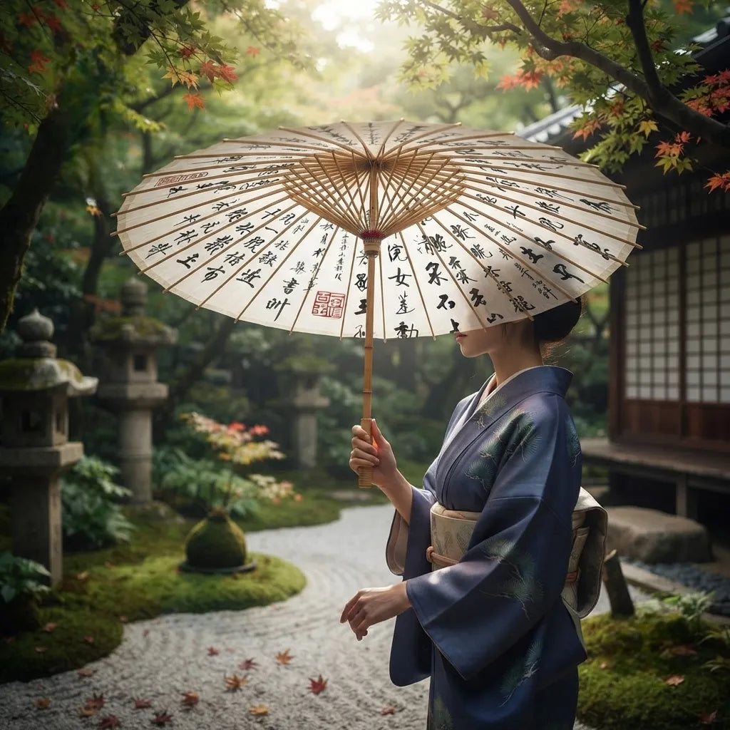 Ombrelle Japonaise Calligraphie Noir et Blanc Unique