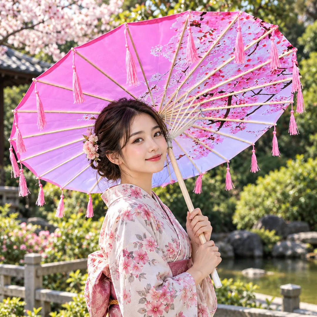 Ombrelle Japonaise à Franges Rose