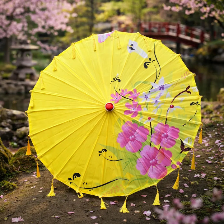 Ombrelle Japonaise Jaune à Franges Unique