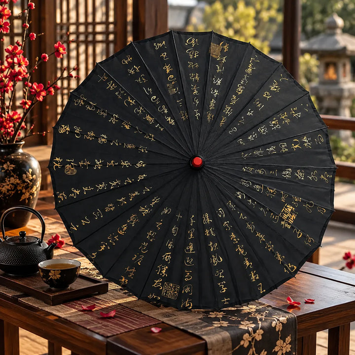 Ombrelle Japonaise Noire Calligraphie Originale