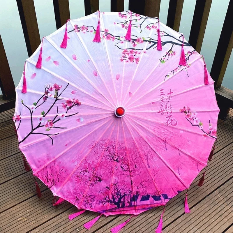 Ombrelle Japonaise Rose Design à Franges