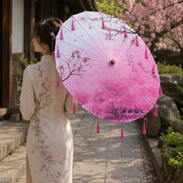 Ombrelle Japonaise Rose Design à Franges Chic