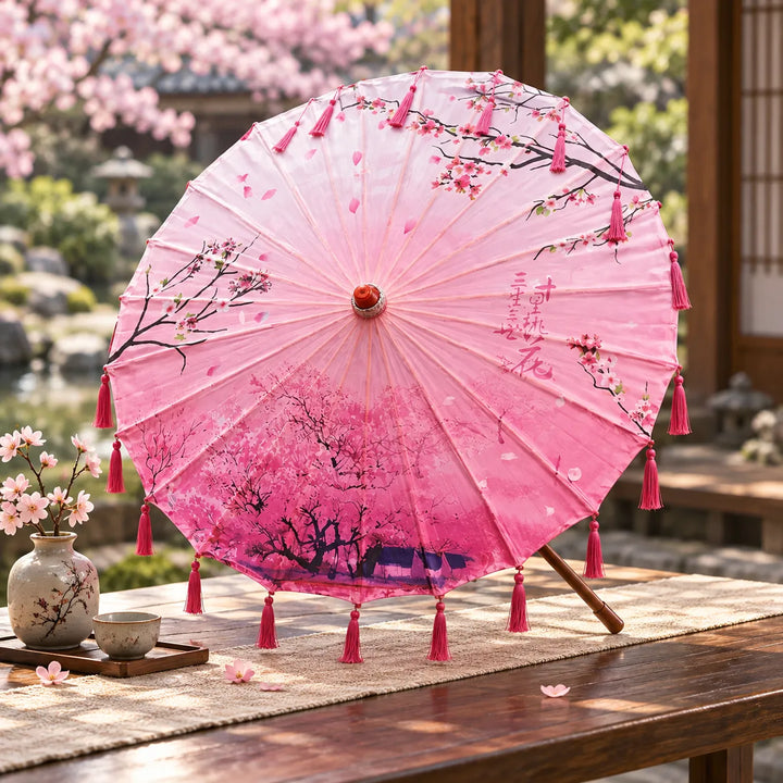 Ombrelle Japonaise Rose Design à Franges Rose