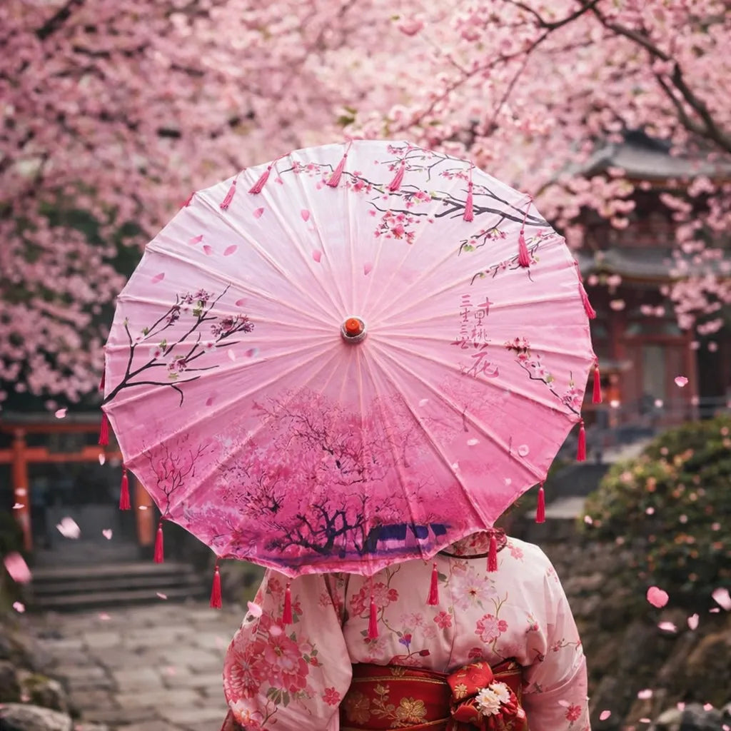 Ombrelle Japonaise Rose Design à Franges Unique