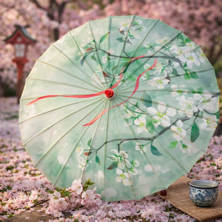 Ombrelle Japonaise Verte à Fleurs