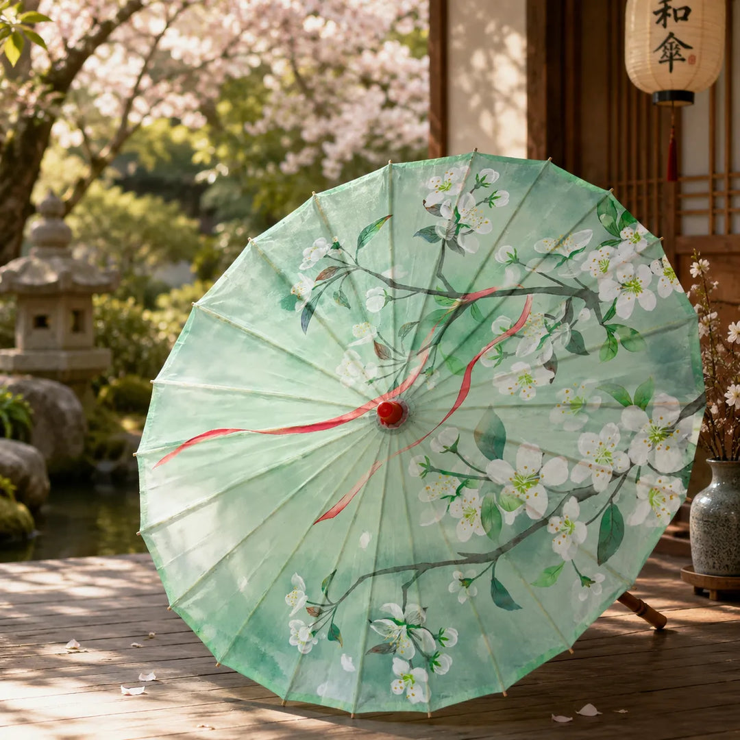Ombrelle Japonaise Verte à Fleurs Unique