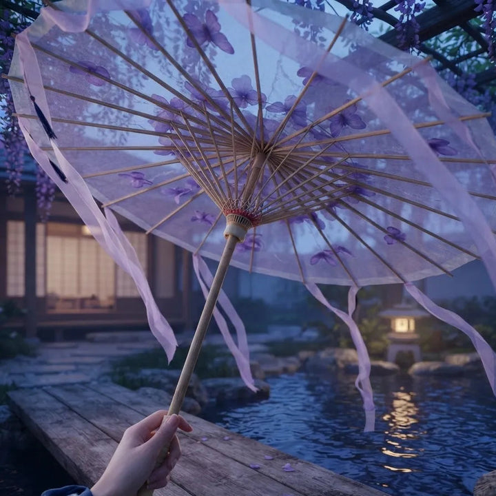 Ombrelle Japonaise Violette Fleurie à Franges Unique