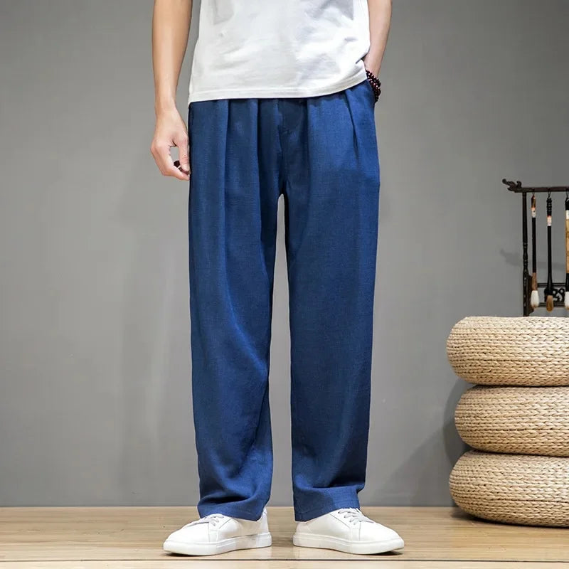 Pantalon Jambe Droite Japonais en Coton et Lin tendance