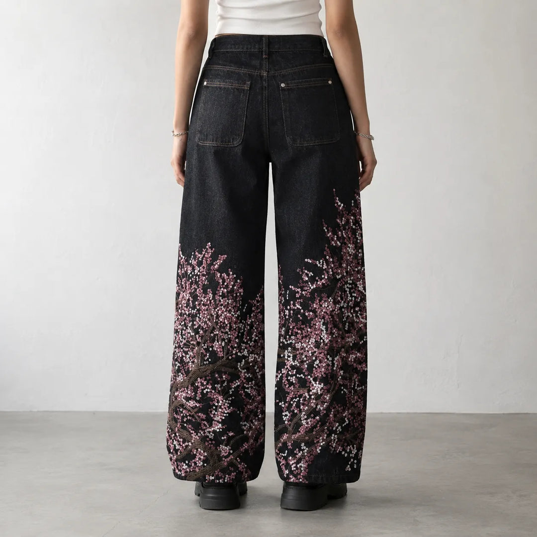 Pantalon Japonais Brodé Fleurs de Cerisier Unique