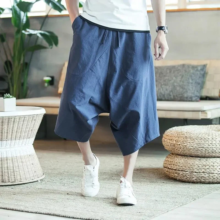 Pantalon Japonais Court Oversize Bleu