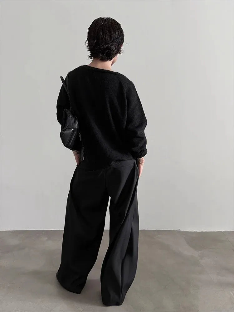 Pantalon Japonais à Jambes Larges à Plis Noir