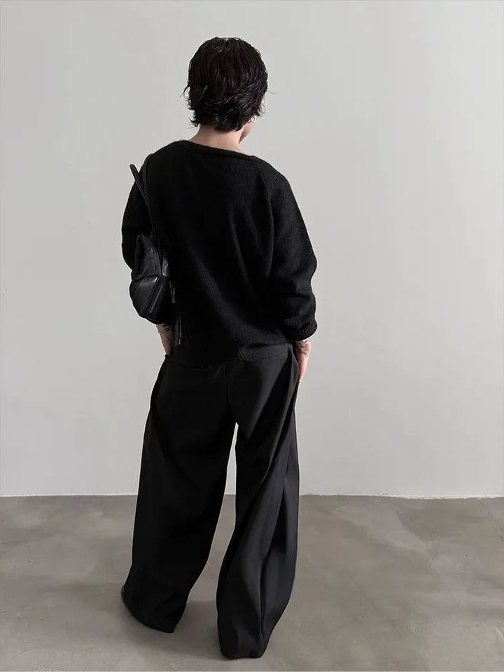 Pantalon Japonais à Jambes Larges à Plis Noir