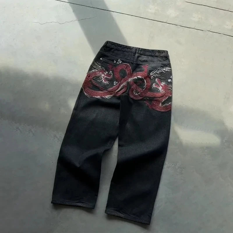 Pantalon Japonais Jean Brodé Dragon Noir