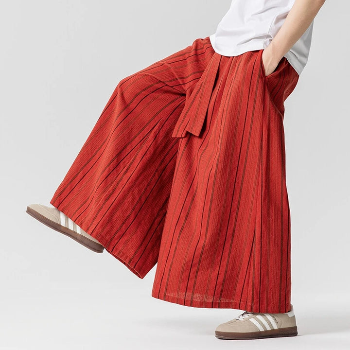 Pantalon Japonais Large Rayé Rouge
