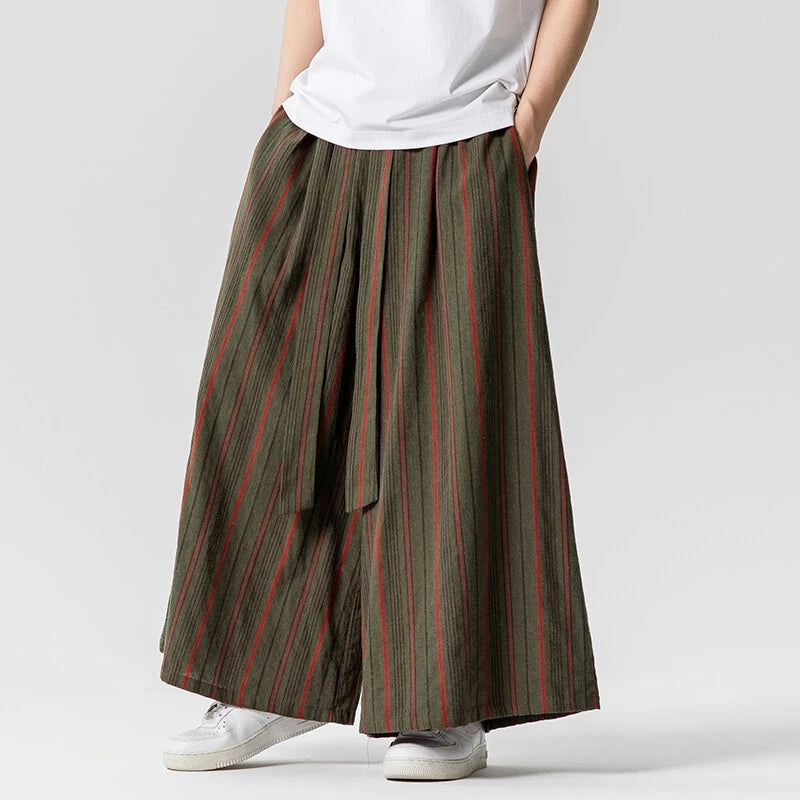 Pantalon Japonais Large Rayé Vert
