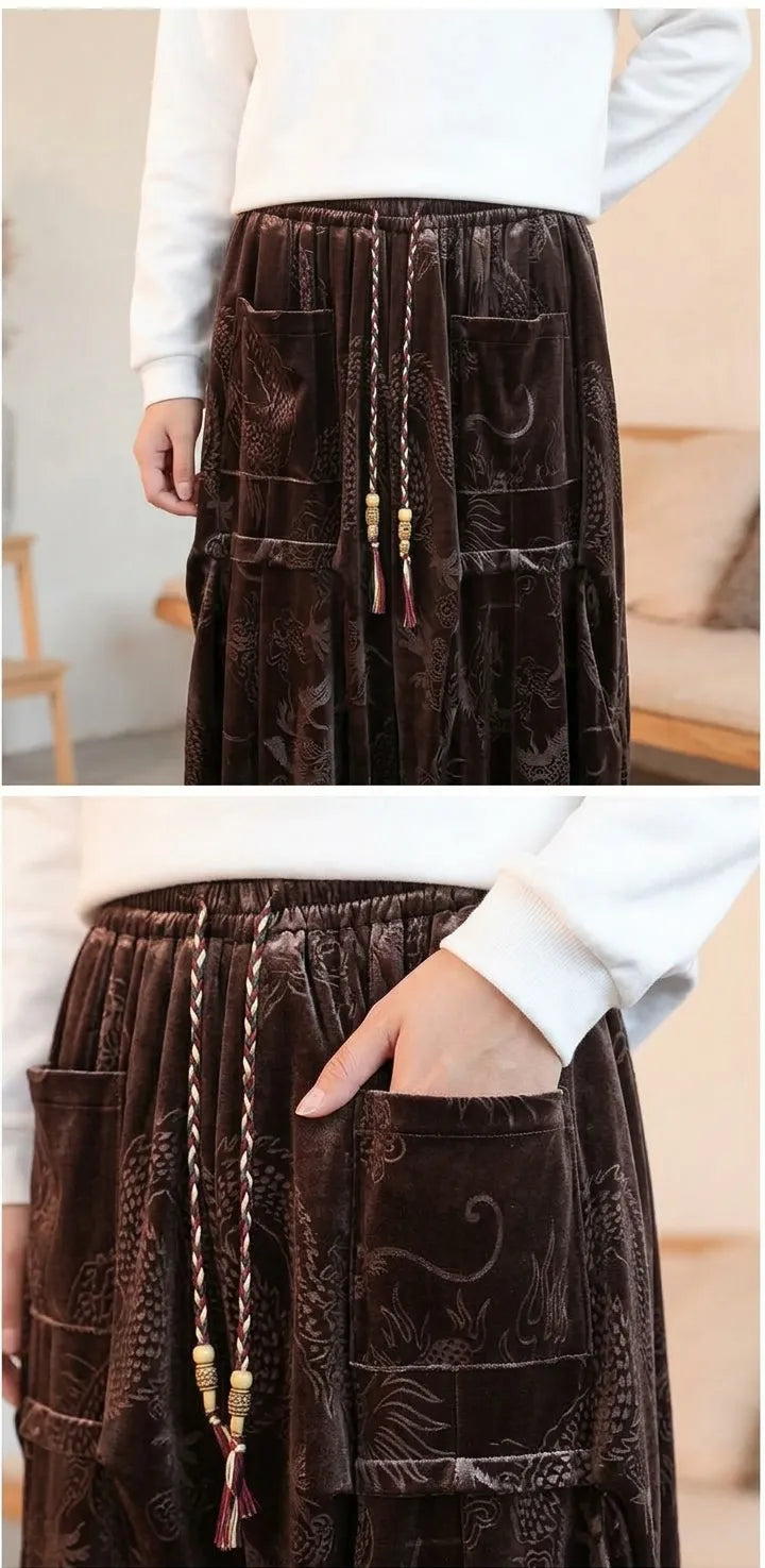 Pantalon Japonais Velouté Imprimé Dragon Marron Chic