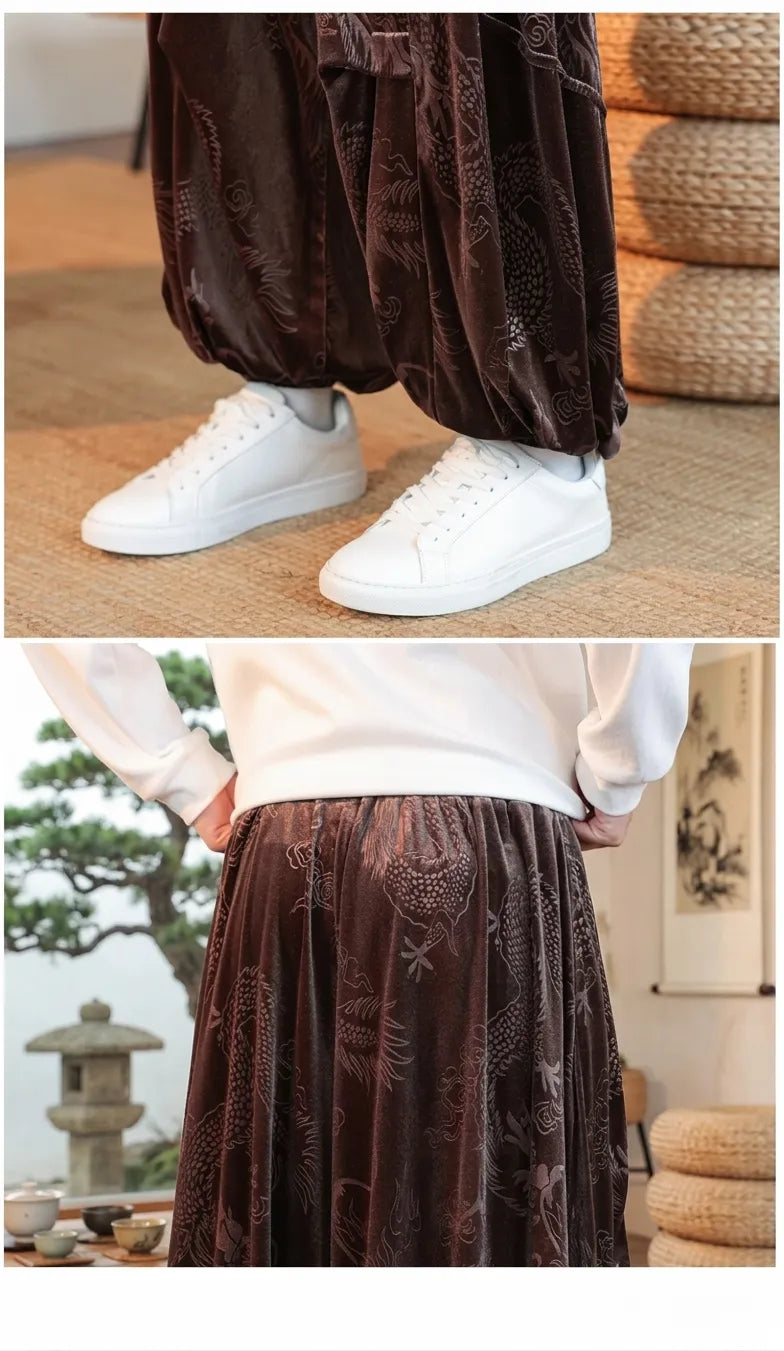 Pantalon Japonais Velouté Imprimé Dragon Unique