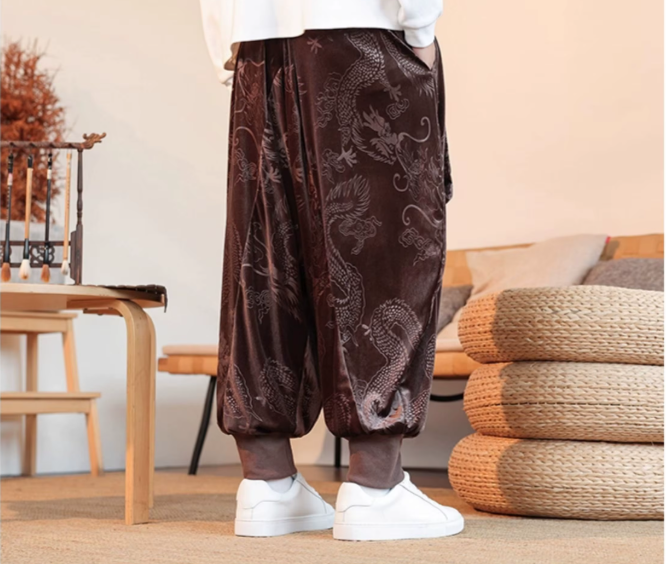 Pantalon Japonais Velouté Imprimé Dragon léger
