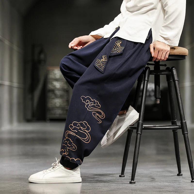 Pantalon Large Japonais Homme bleu marine