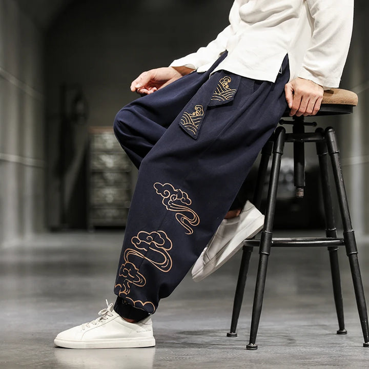 Pantalon Large Japonais Homme bleu marine