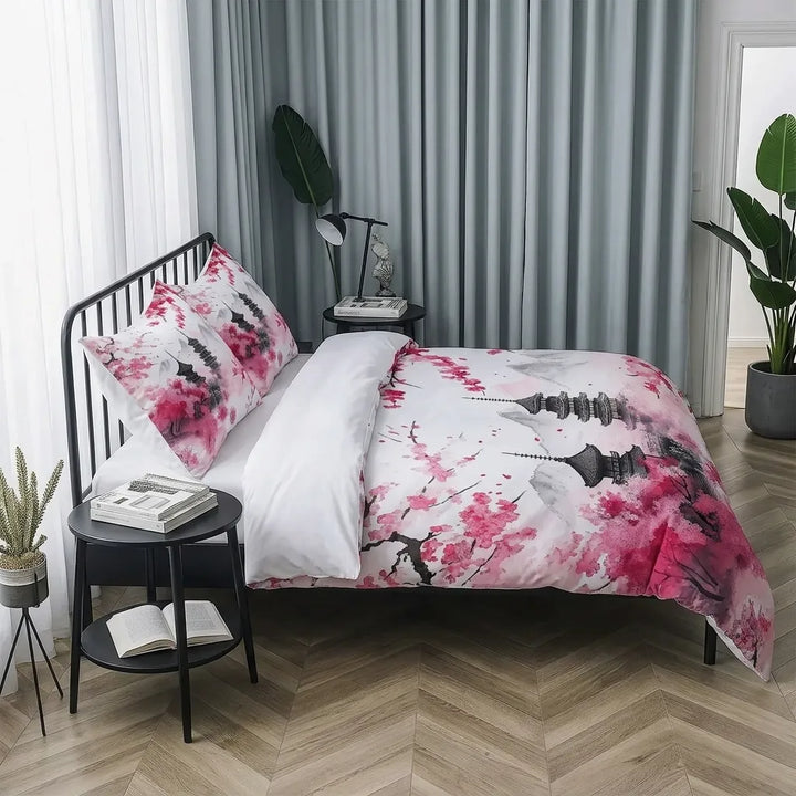 Parure de Lit Japonaise Blanc et Rose Chic