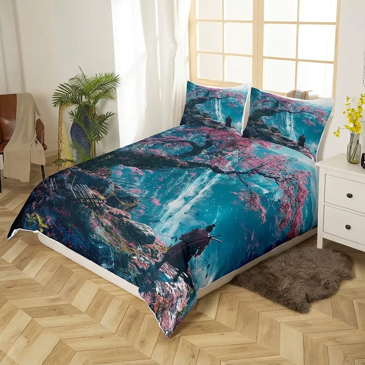 Parure de Lit Japonaise Bleue Sakura Chic
