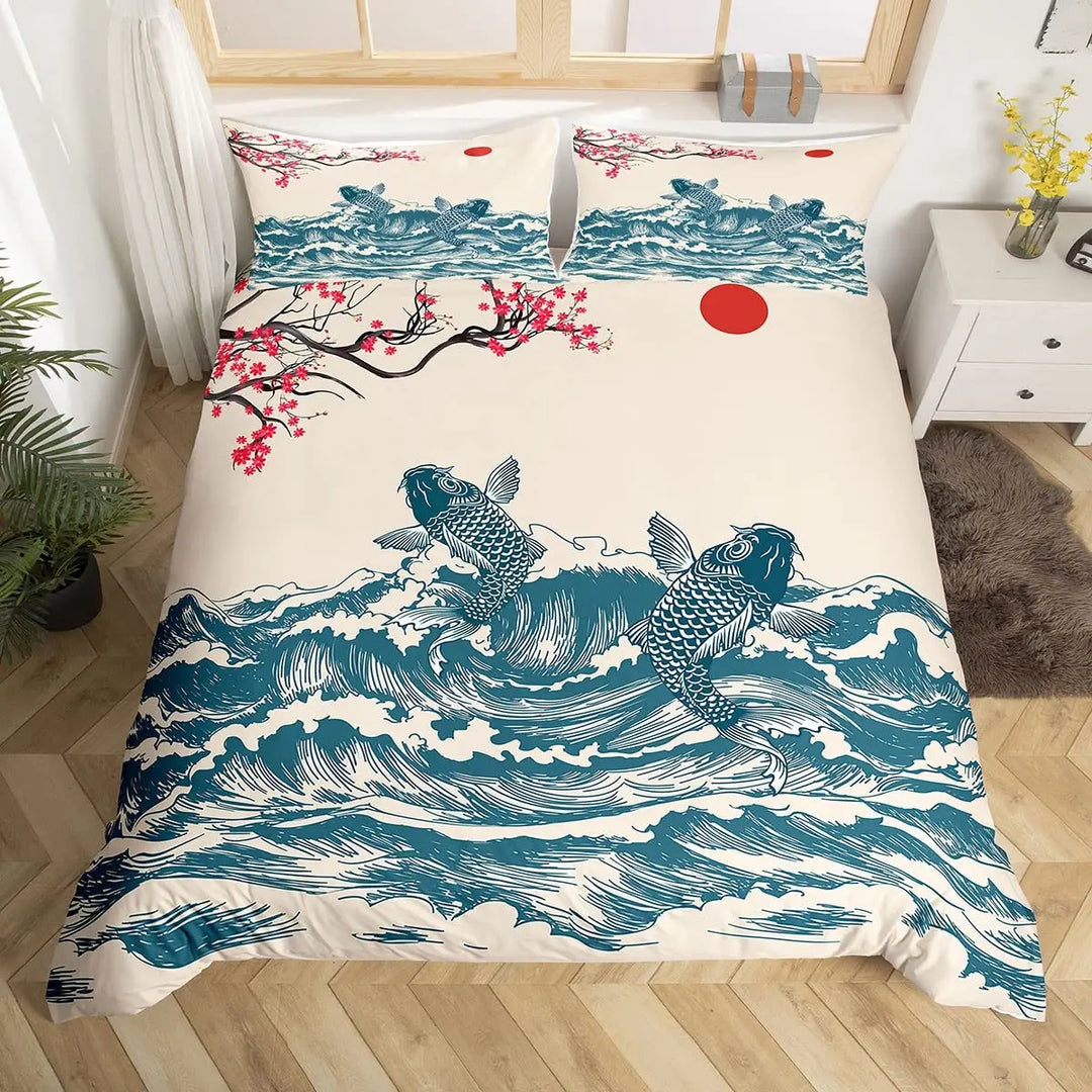 Parure de Lit Japonaise Carpe Koi Vagues