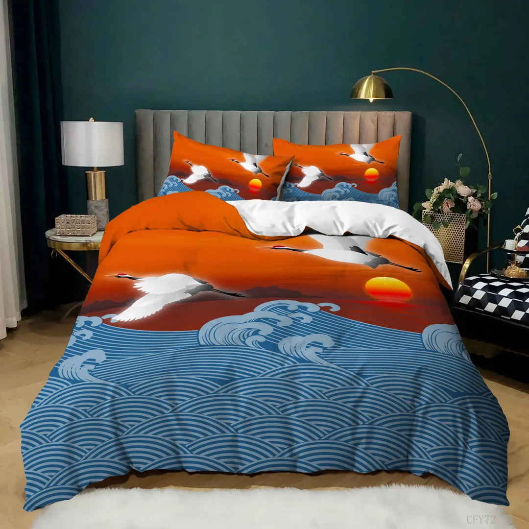 Parure de Lit Japonaise Grues et Vagues