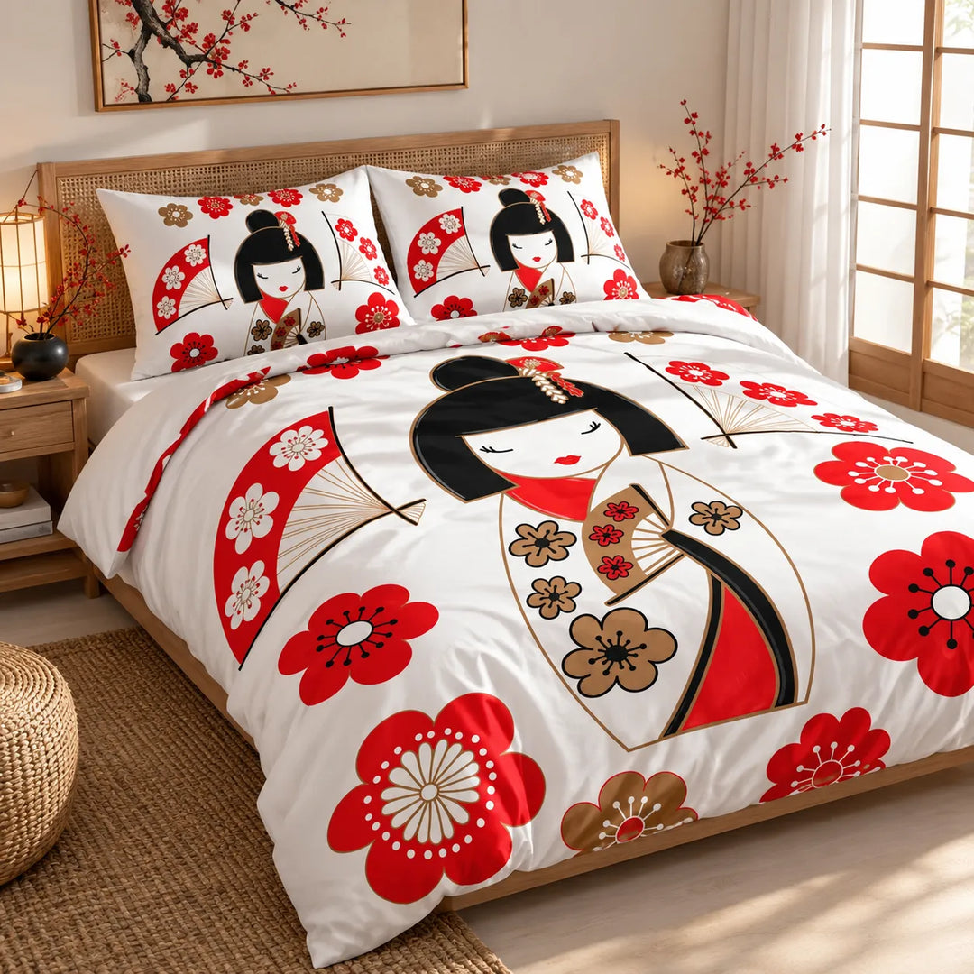 Parure de Lit Japonaise Imprimé Poupée Geisha Unique