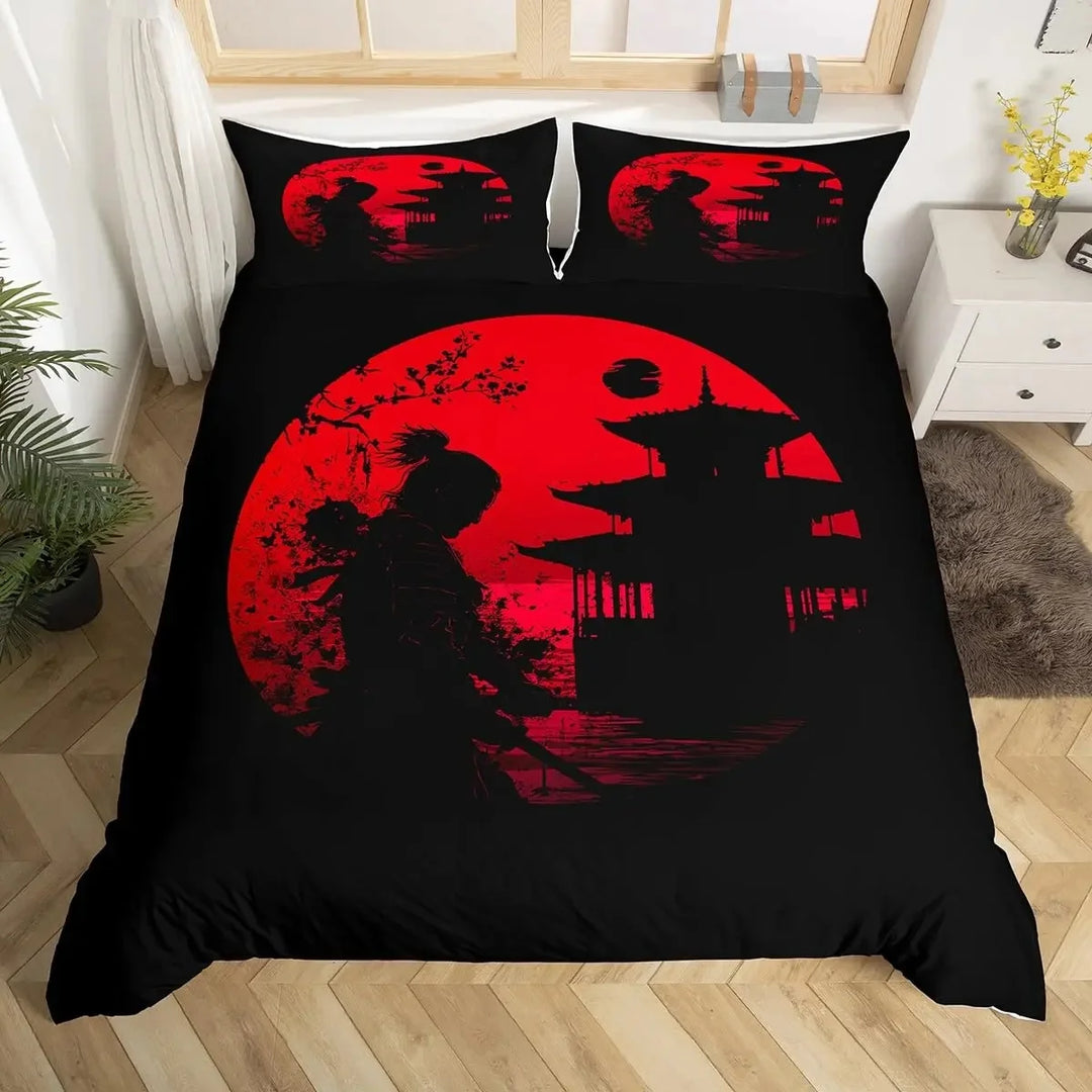 Parure de Lit Japonaise Noire et Rouge Temple