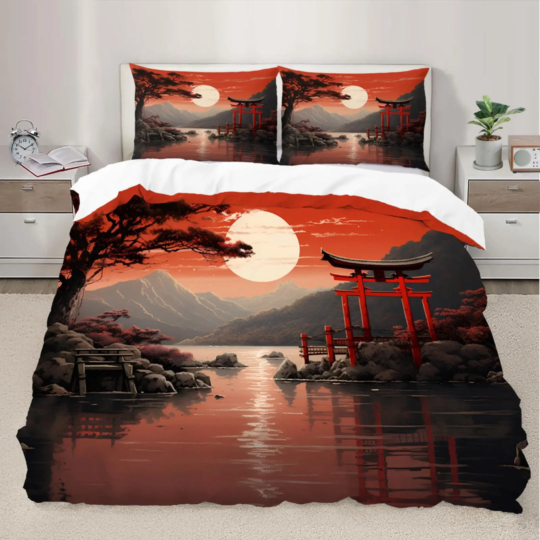 Parure de Lit Japonaise Torii Noir et Rouge