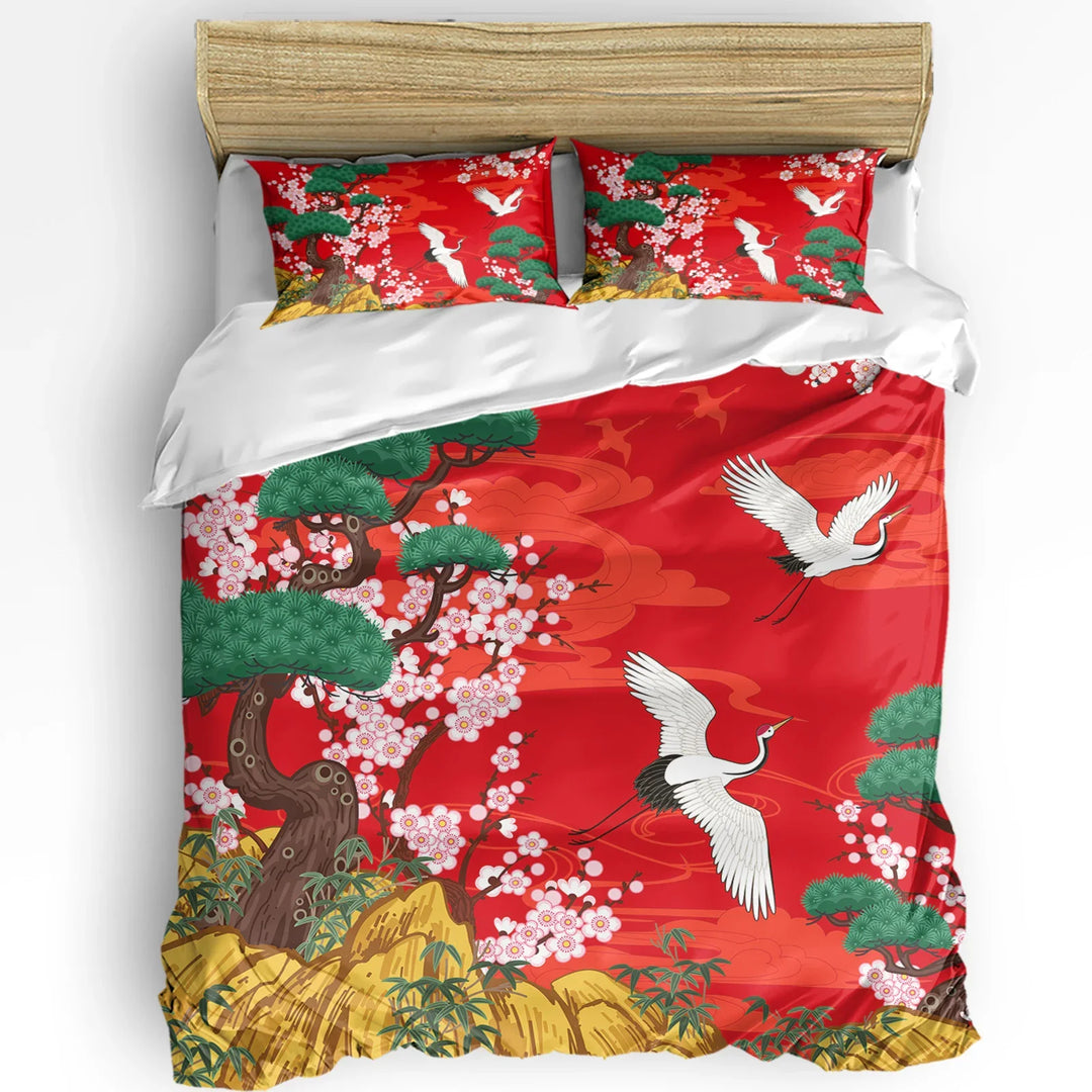 Parure de Lit Japonaise rouge grues 