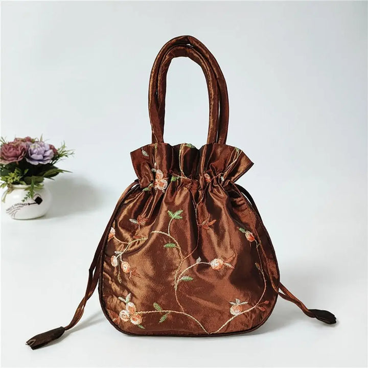 Petit Sac Japonais Brodé Marron