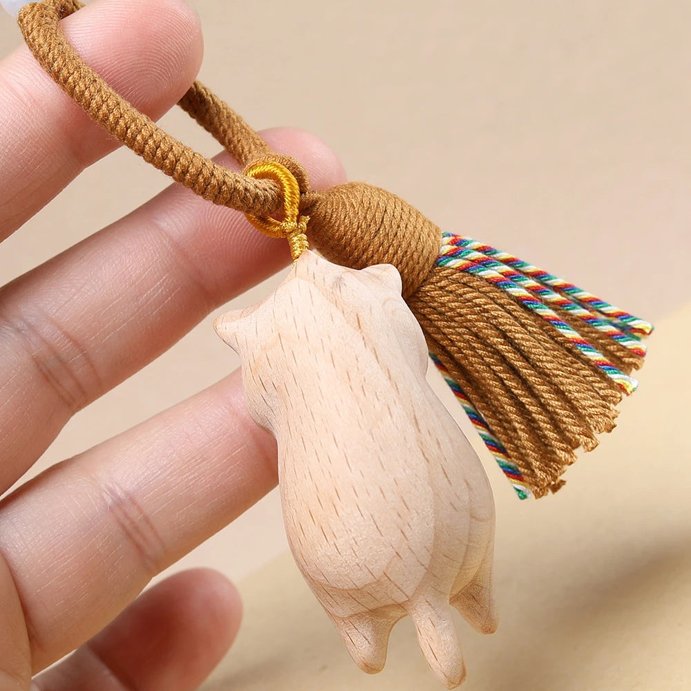 Porte-clés Chat Mignon en Bois pompon