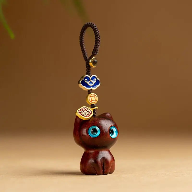 Porte-clés Japonais Chat en Bois bleu