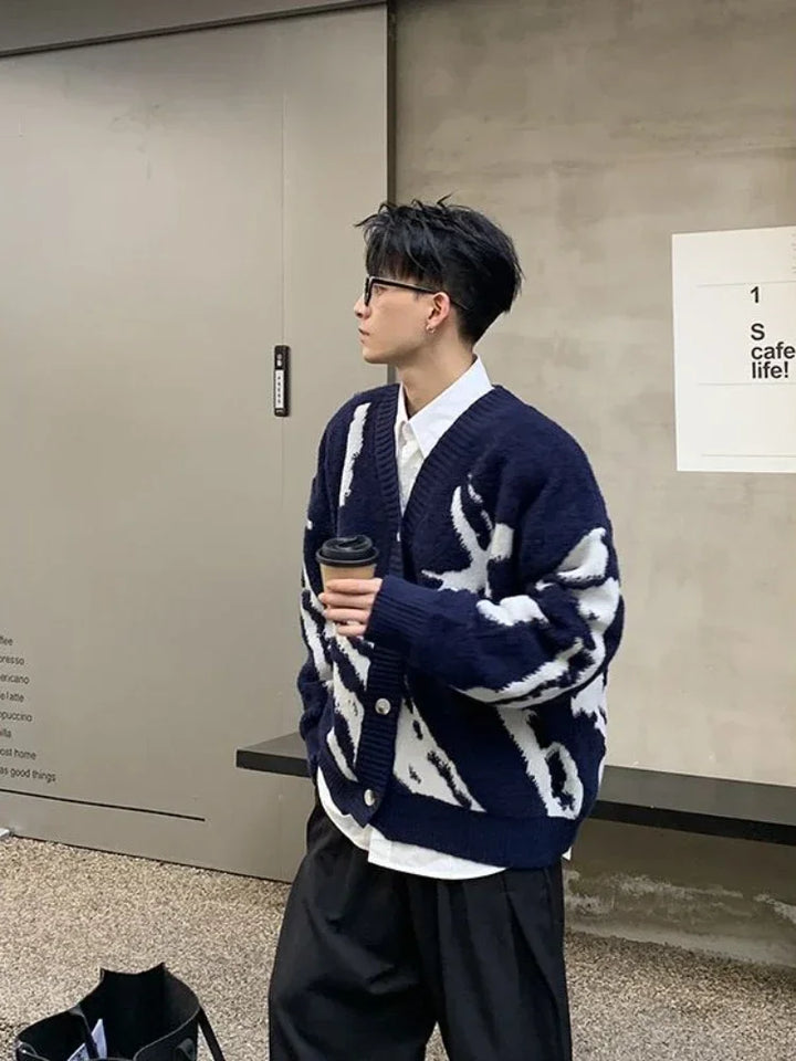 Pull Cardigan Tricoté Japonais Bleu