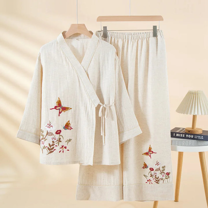 Pyjama Japonais Femme Brodé Epuré Blanc