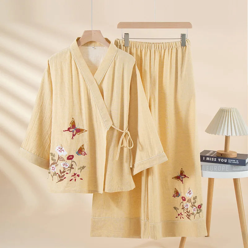 Pyjama Japonais Femme Brodé Epuré Jaune