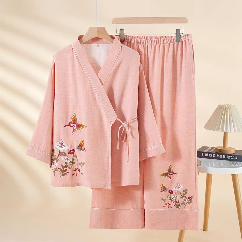 Pyjama Japonais Femme Brodé Epuré Rose