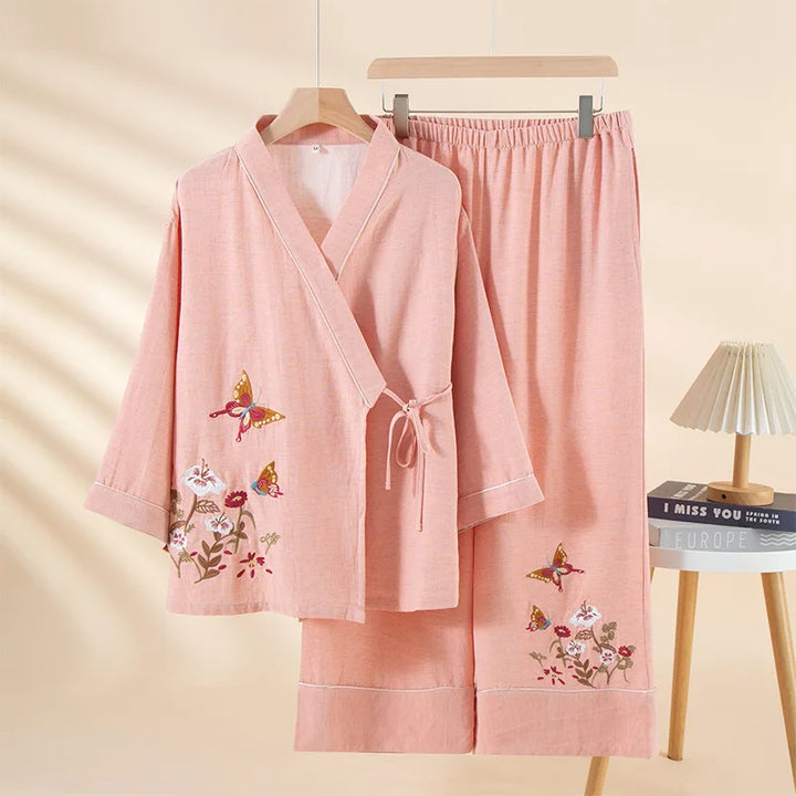 Pyjama Japonais Femme Brodé Epuré Rose