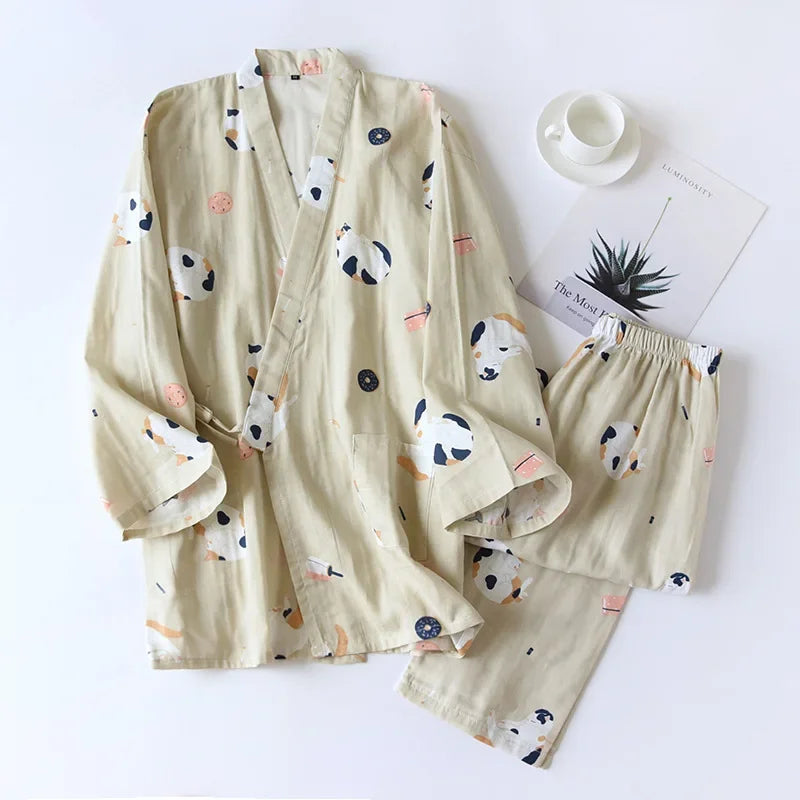 Pyjama Japonais Femme Chat beige