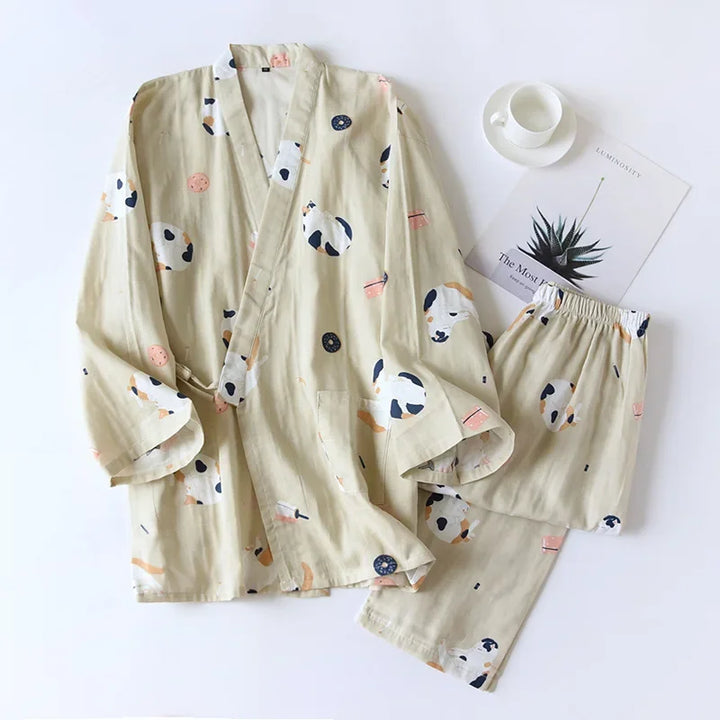 Pyjama Japonais Femme Chat beige
