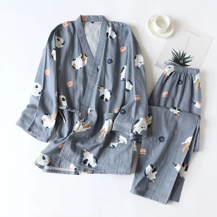 Pyjama Japonais Femme Chat bleu